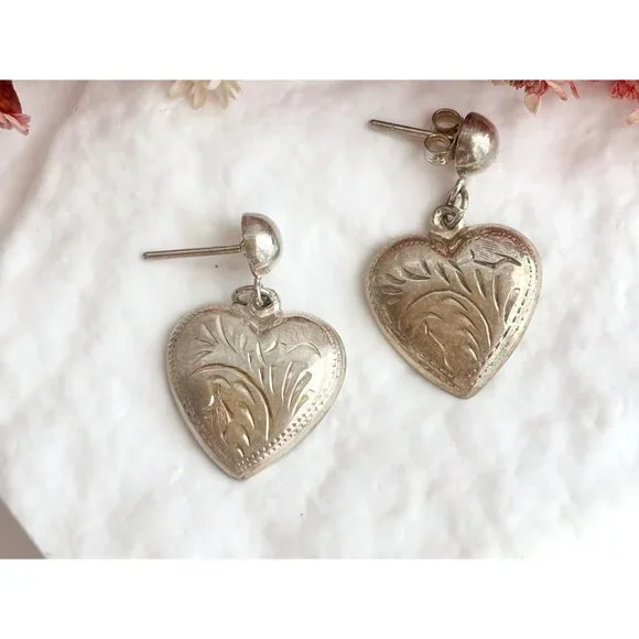 Heart Shaped Hand Carved Vintage Sterling Silver 925 Dangling Earrings - Picture 2 of 12